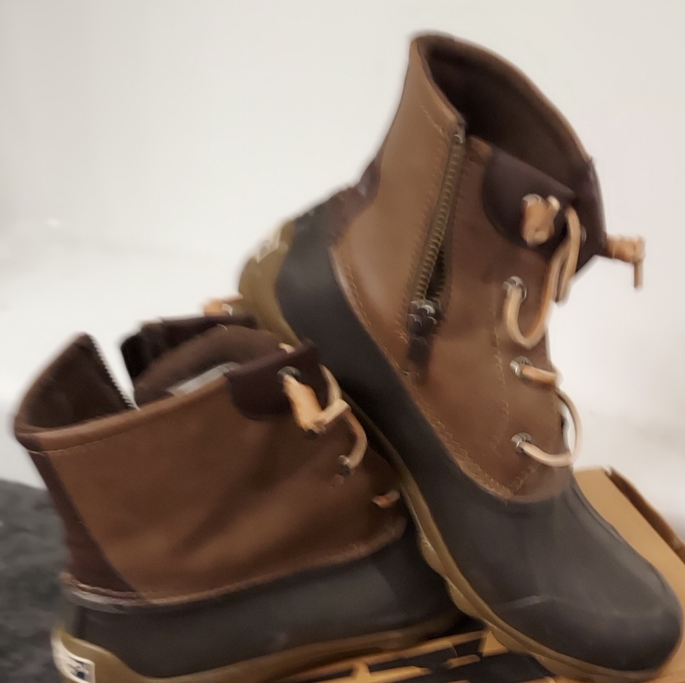 Brown and Black Duck Boots, Brand Sperry, Size 8